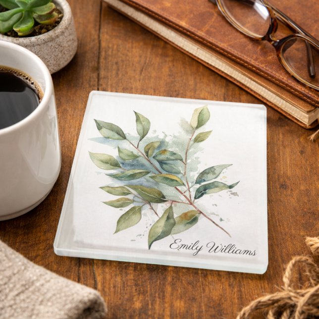 Elegant Green Foliage Watercolor, custom Glass Coaster (Creator Uploaded)