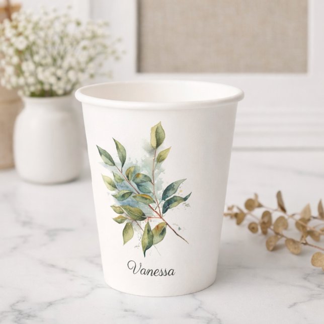 Elegant Green Foliage Watercolor, custom Paper Cups (Creator Uploaded)
