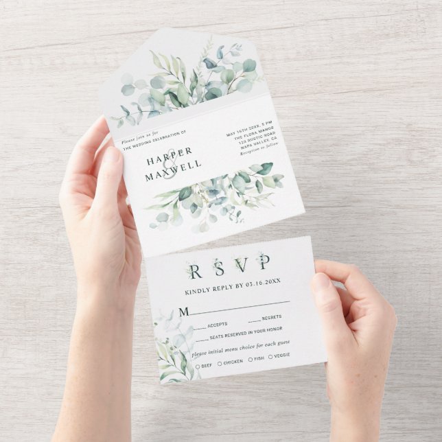 Elegant Green Foliage Watercolor Wedding All In One Invitation (Tearaway)