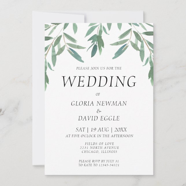 Elegant Green Foliage Wedding Invitation (Front)