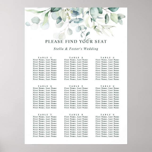 Elegant Green Foliage Wedding Seating Chart (Front)