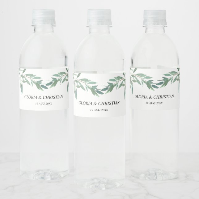 Elegant Green Foliage  Wedding  Water Bottle Label (Bottles)