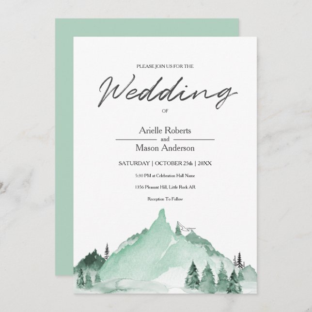 Elegant Green Forest Mountains Simple Wedding Invitation (Front/Back)