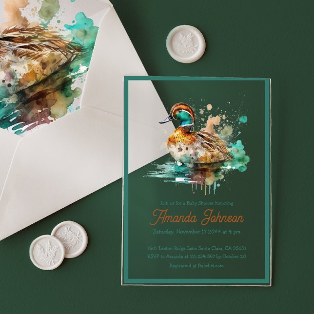 Elegant Green Framed Mallard Duck Baby Shower Acrylic Invitations (Creator Uploaded)