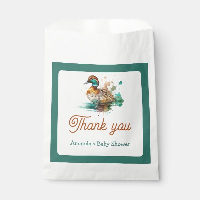 Elegant Green Framed Mallard Duck Baby Shower Favour Bags (Front)