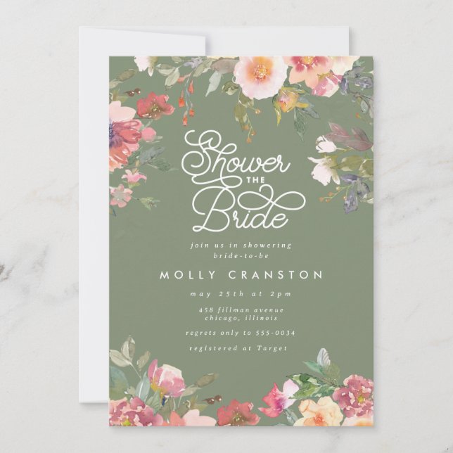 Elegant Green Garden Pink Floral Bridal Shower Invitation (Front)