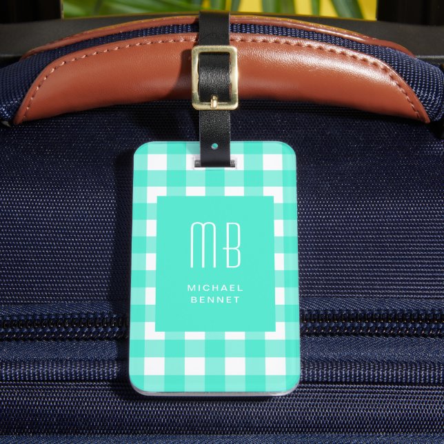 Elegant Green Gingham Monogram Luggage Tag (Front Insitu 2)