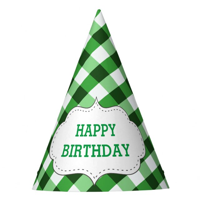 Elegant Green Gingham Pattern Customised Birthday Party Hat (Front)