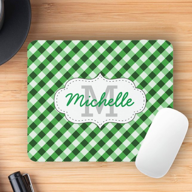 Elegant Green Gingham Pattern Personalised Name Mouse Pad (Creator Uploaded)