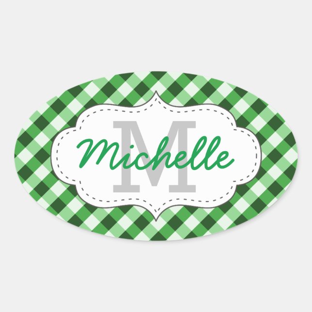 Elegant Green Gingham Pattern Personalised Name Oval Sticker (Front)