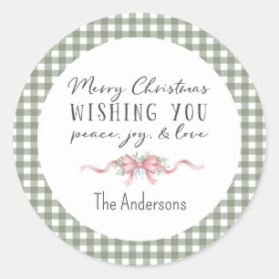 Elegant Green Gingham Plaid Preppy Christmas Classic Round Sticker