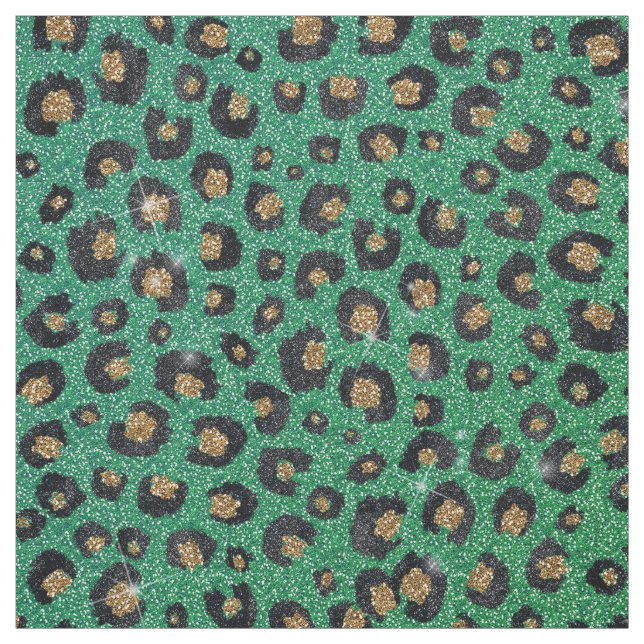 Elegant Green Glitter Black Gold Leopard Print  Fabric (Swatch)