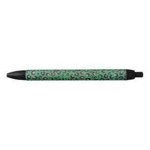 Elegant Green Glitter Black Gold Leopard Print Ink Pen