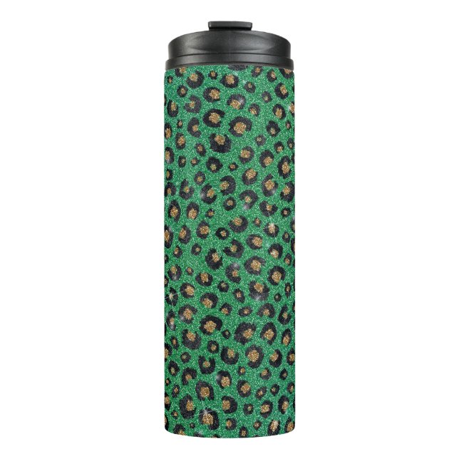 Elegant Green Glitter Black Gold Leopard Print  Thermal Tumbler (Front)