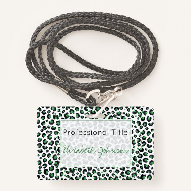Elegant Green Glitter Black Leopard Animal Print ID Badge (Front with Lanyard)