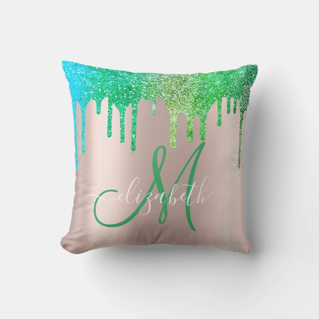 Elegant Green Glitter Drips Rose Gold  Monogram Cushion (Front)