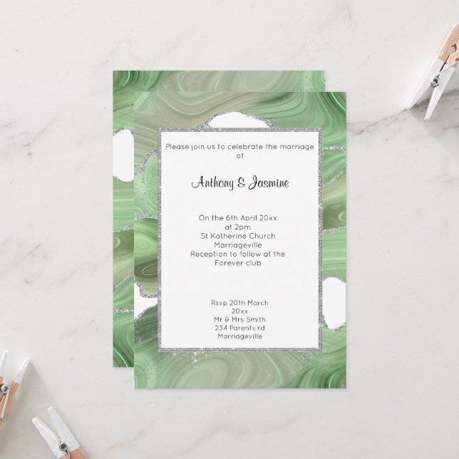 ELEGANT GREEN GLITTER MARBLE WEDDING  INVITATION (Front/Back In Situ)