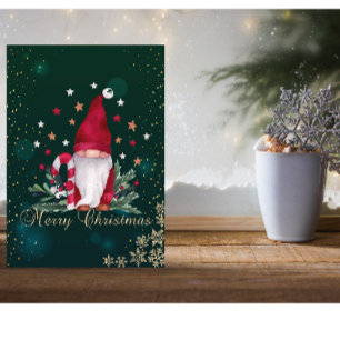 Elegant Green, Gnome, Pine Tree Branches Holiday Card