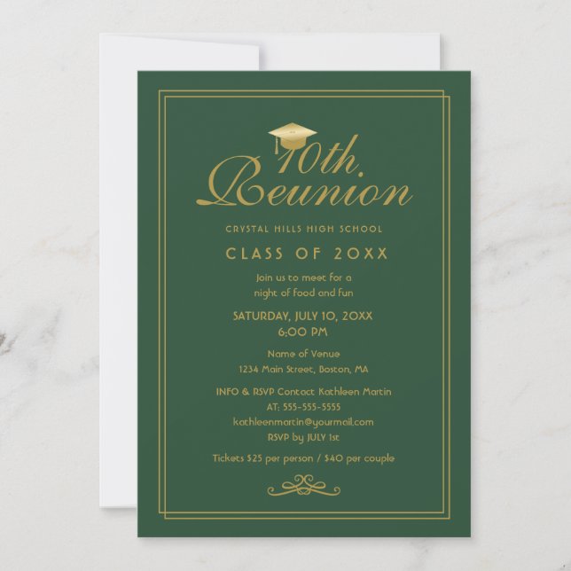 Elegant Green Gold 10th Class Reunion Invitation (Front)