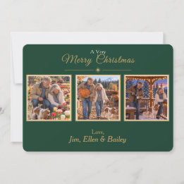 Elegant Green Gold 3 Photo Family Christmas Card