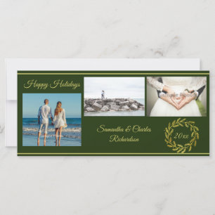 Elegant Green Gold 3 Photo Holiday Card