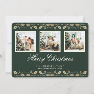 Elegant Green Gold 3 Photo Merry Christmas Card