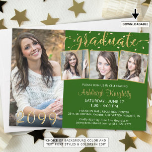 Elegant Green Gold 4 Photo Confetti Graduate Invitation