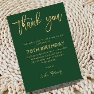 Elegant Green Gold 70th Birthday Thank You Card
