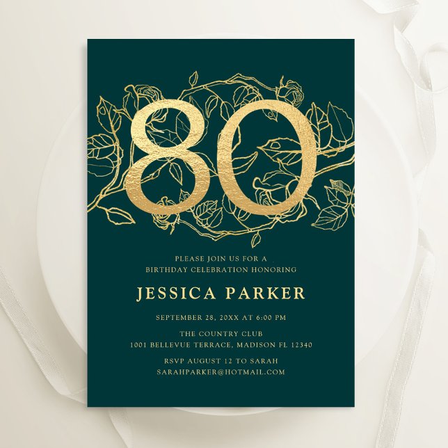Elegant Green Gold 80th Birthday Invitation (Creator Uploaded)