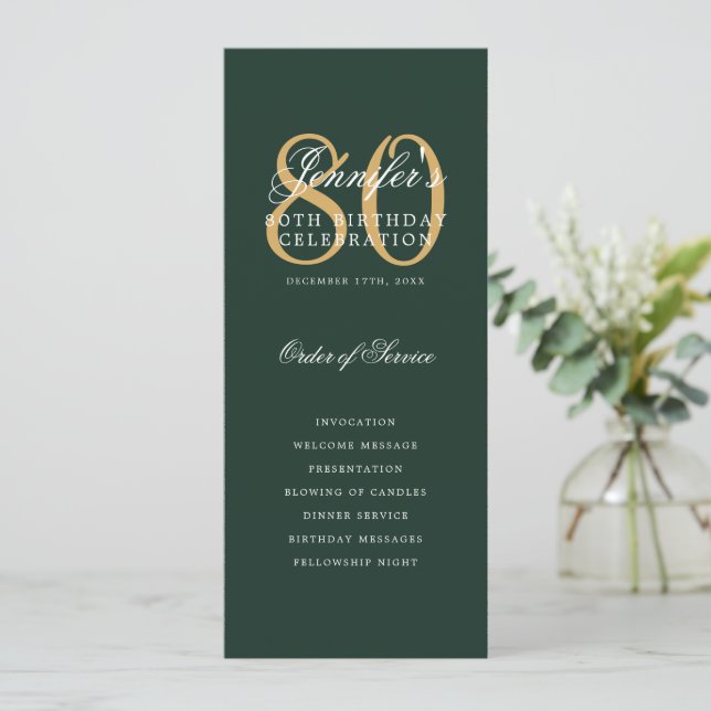 Elegant Green Gold 80th Birthday Program Menu Invitation (Standing Front)