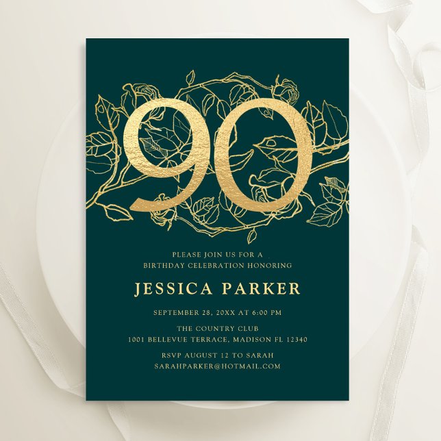 Elegant Green Gold 90th Birthday Invitation (Creator Uploaded)