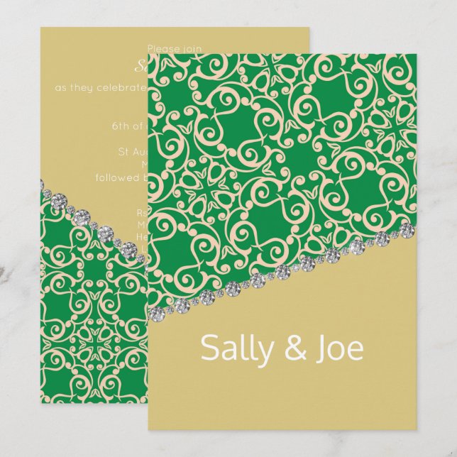 Elegant GREEN GOLD ABSTRACT Diamond Wedding Invitation (Front/Back)
