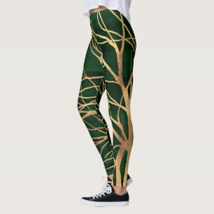 Elegant Green Gold Autumn Tree Drawing Leggings