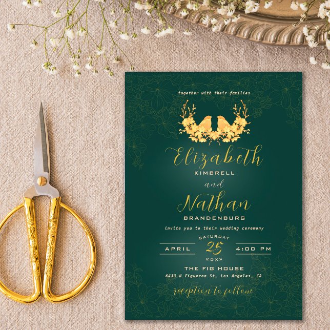 Elegant Green & Gold Birds Floral Wedding   Invitation (Creator Uploaded)