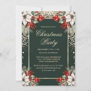 Elegant Green Gold Botanical Christmas Party Invitation