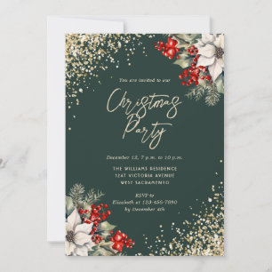 Elegant Green Gold Botanical Christmas Party Invitation