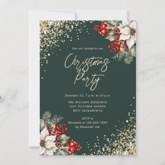 Elegant Green Gold Botanical Christmas Party Invitation