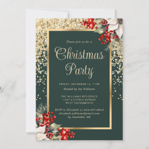 Elegant Green Gold Botanical Christmas Party Invitation