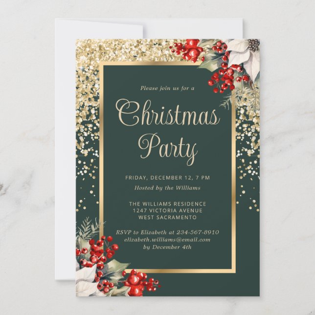 Elegant Green Gold Botanical Christmas Party Invitation (Front)