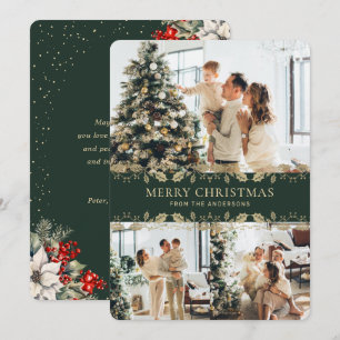 Elegant Green Gold Botanical Photo Christmas Card