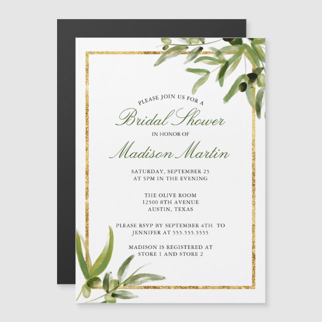 Elegant Green Gold Botanical Vine Bridal Shower Magnetic Invitation (Front/Back)