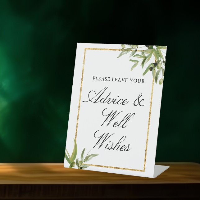 Elegant Green Gold Botanical Vine Wedding Advice Pedestal Sign (Creator Uploaded)