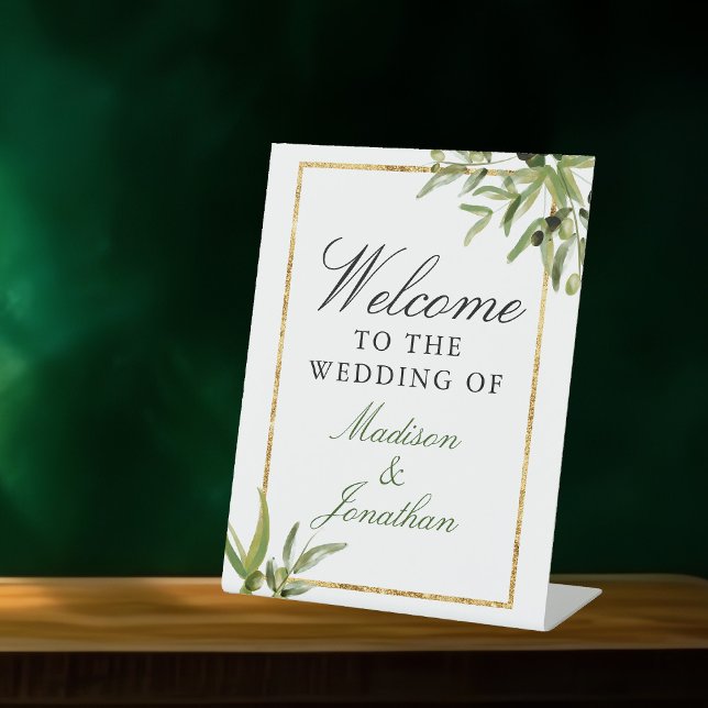 Elegant Green Gold Botanical Vine Wedding Welcome Pedestal Sign (Creator Uploaded)