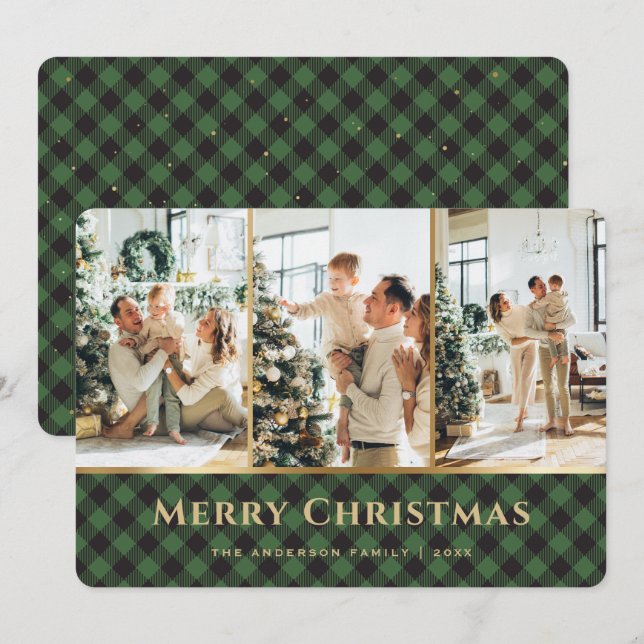 Elegant Green Gold Buffalo Plaid Photo Christmas Holiday Card (Front/Back)