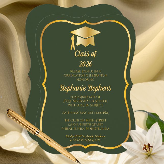 Elegant Green | Gold Cap Graduation Party Invitation (Classy Elegant Green and Gold Tone Graduation Cap Grad Party Invitation)