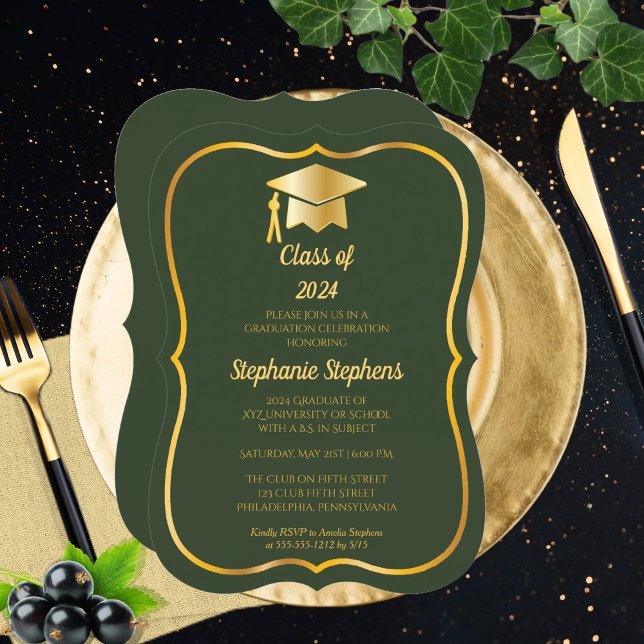 Elegant Green | Gold Cap Graduation Party Invitation (Classy Elegant Green and Gold Tone Graduation Cap Grad Party Invitation)