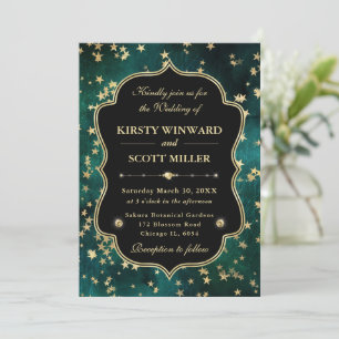 Elegant Green & Gold Celestial Starry Wedding Invitation