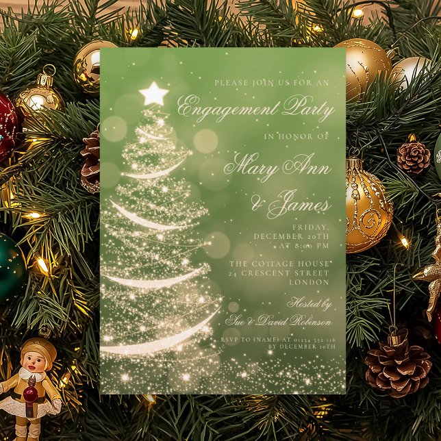 Elegant Green & Gold Christmas Engagement Party Invitation (Elegant Green & Gold Christmas Engagement Party Invitation)