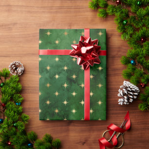 Elegant green gold Christmas lights stars pattern Wrapping Paper
