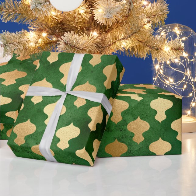 Elegant green gold Christmas ornaments pattern Wrapping Paper (Holidays)